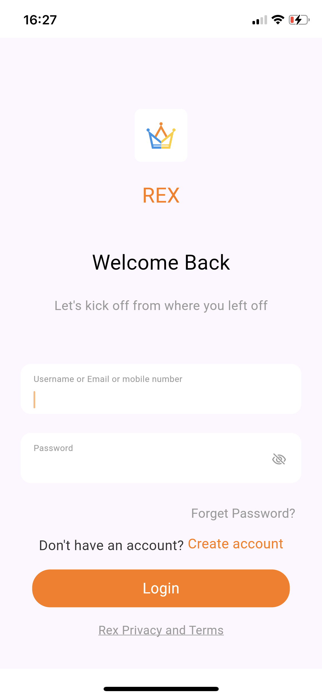 Rex App Login Screenshot